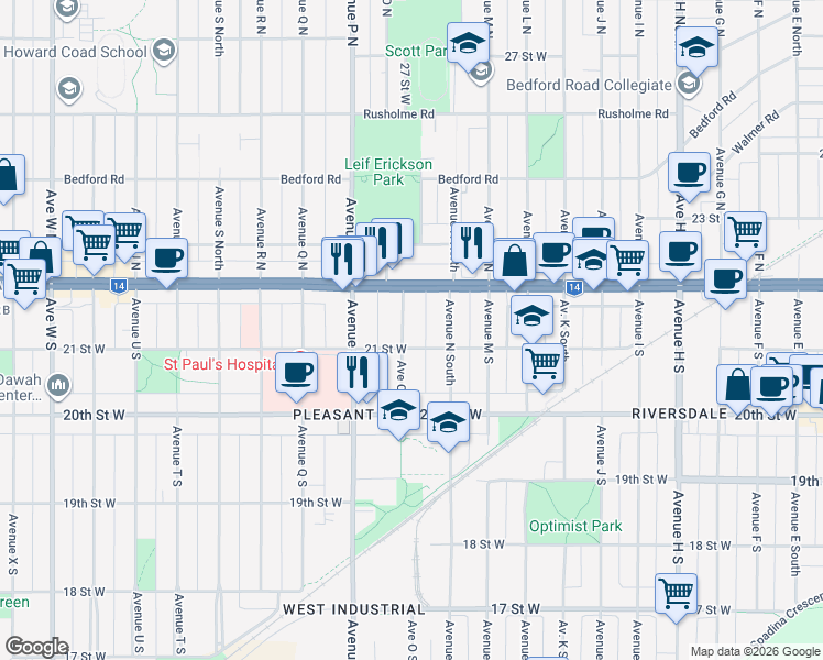 map of restaurants, bars, coffee shops, grocery stores, and more near 128 Avenue O South in Saskatoon