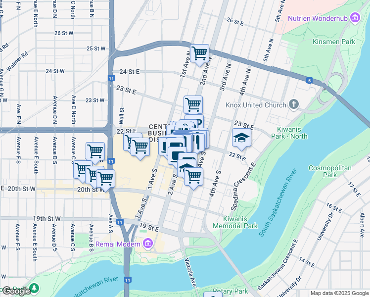 map of restaurants, bars, coffee shops, grocery stores, and more near 140 2 Avenue South in Saskatoon