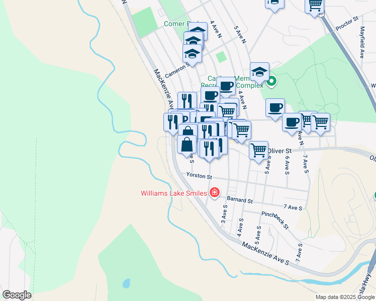 map of restaurants, bars, coffee shops, grocery stores, and more near 88 Mackenzie Avenue South in Williams Lake