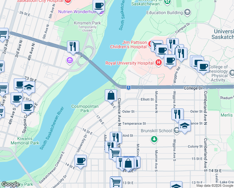 map of restaurants, bars, coffee shops, grocery stores, and more near 942 Saskatchewan Crescent East in Saskatoon