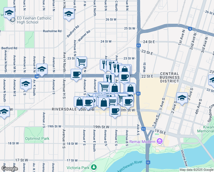map of restaurants, bars, coffee shops, grocery stores, and more near 122 Avenue D South in Saskatoon