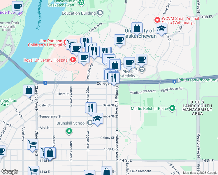 map of restaurants, bars, coffee shops, grocery stores, and more near 417 Bottomley Avenue North in Saskatoon