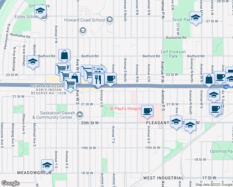 map of restaurants, bars, coffee shops, grocery stores, and more near 114 Avenue T South in Saskatoon