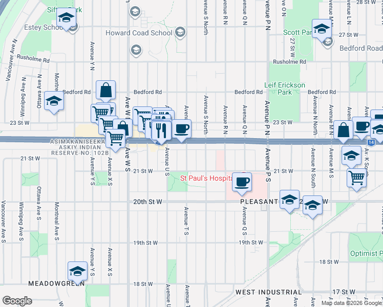 map of restaurants, bars, coffee shops, grocery stores, and more near 114 Avenue T South in Saskatoon