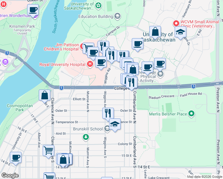 map of restaurants, bars, coffee shops, grocery stores, and more near 1316 College Drive in Saskatoon