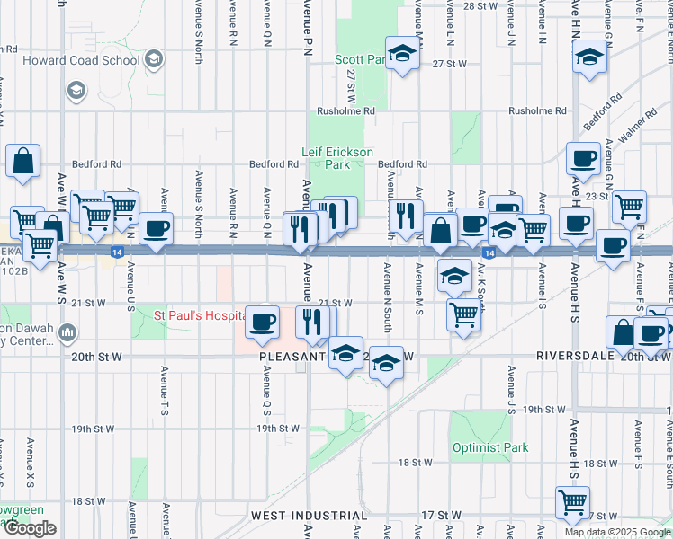 map of restaurants, bars, coffee shops, grocery stores, and more near 115 Avenue O South in Saskatoon