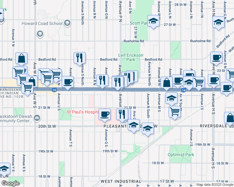 map of restaurants, bars, coffee shops, grocery stores, and more near 1601 22 Street West in Saskatoon