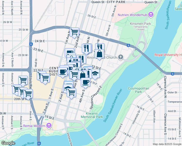 map of restaurants, bars, coffee shops, grocery stores, and more near 4 4th Avenue North in Saskatoon