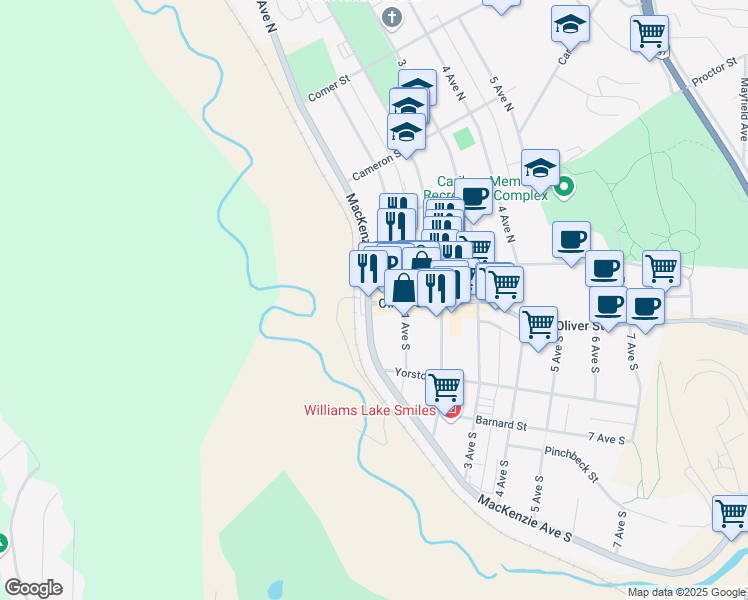 map of restaurants, bars, coffee shops, grocery stores, and more near 20 Mackenzie Avenue North in Williams Lake