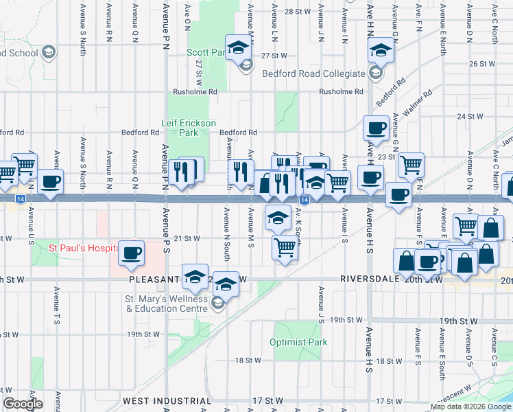 map of restaurants, bars, coffee shops, grocery stores, and more near 104 Avenue M South in Saskatoon