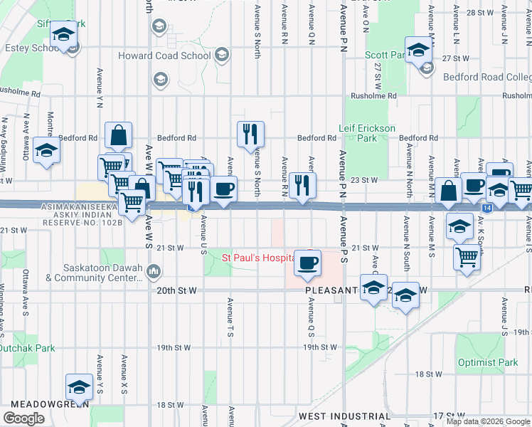 map of restaurants, bars, coffee shops, grocery stores, and more near 1817 22 Street West in Saskatoon