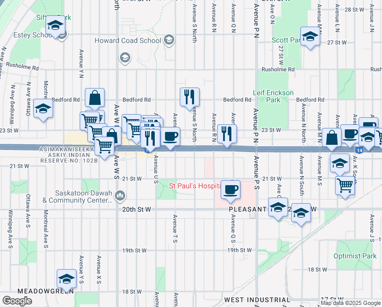 map of restaurants, bars, coffee shops, grocery stores, and more near 1901 22 Street West in Saskatoon