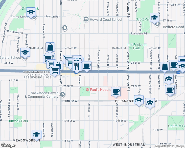 map of restaurants, bars, coffee shops, grocery stores, and more near 1919 22 Street West in Saskatoon