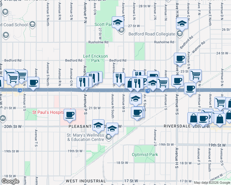 map of restaurants, bars, coffee shops, grocery stores, and more near 102 Avenue N South in Saskatoon