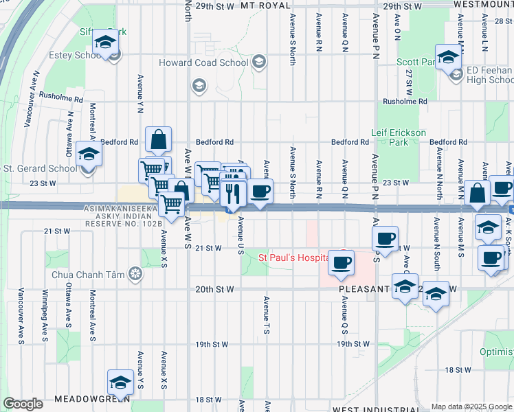map of restaurants, bars, coffee shops, grocery stores, and more near 2010 22nd Street West in Saskatoon