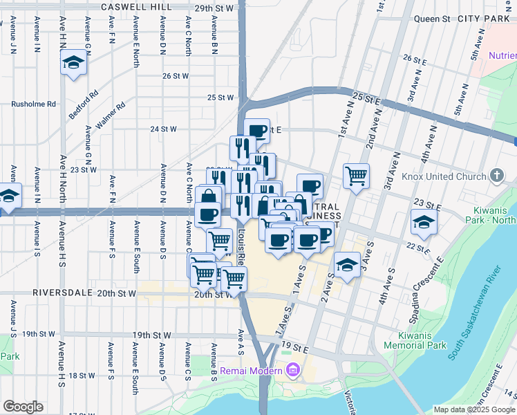 map of restaurants, bars, coffee shops, grocery stores, and more near 10 22 Street East in Saskatoon