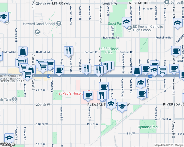 map of restaurants, bars, coffee shops, grocery stores, and more near 1601 22 Street West in Saskatoon