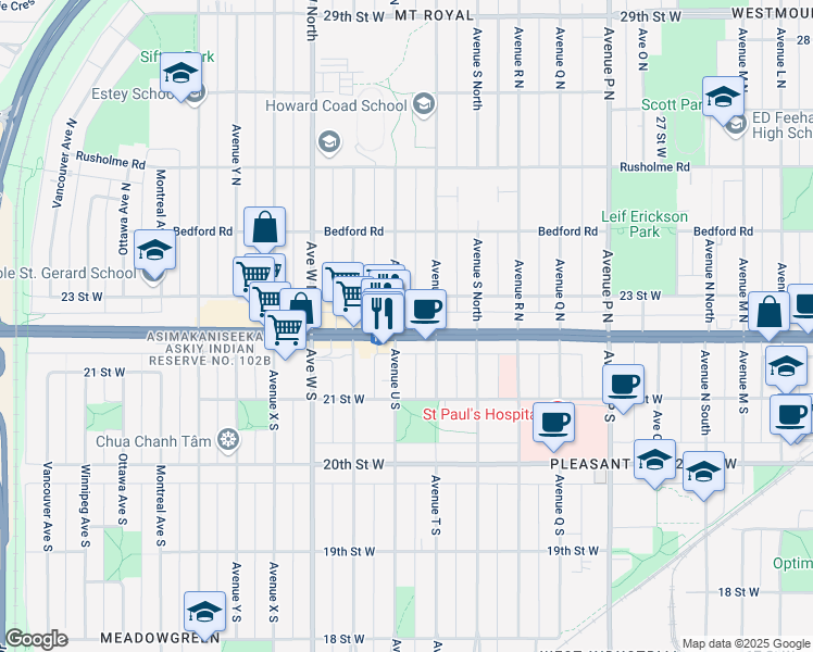 map of restaurants, bars, coffee shops, grocery stores, and more near 2102 22 Street West in Saskatoon