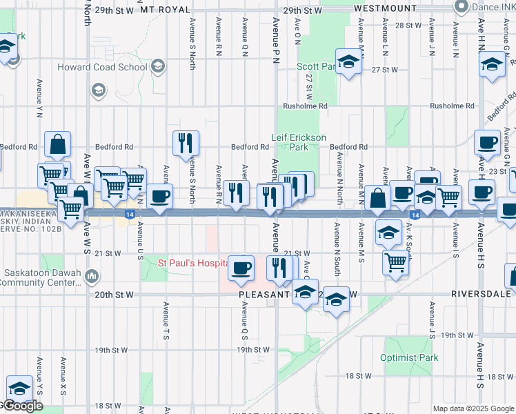map of restaurants, bars, coffee shops, grocery stores, and more near 1622 22 Street West in Saskatoon