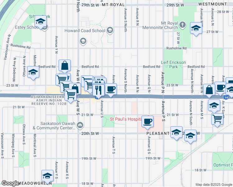 map of restaurants, bars, coffee shops, grocery stores, and more near 1922 22 Street West in Saskatoon