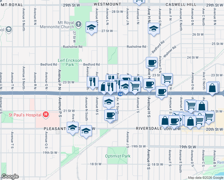 map of restaurants, bars, coffee shops, grocery stores, and more near 1104 Saskatchewan 14 in Saskatoon