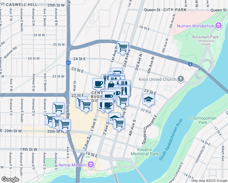 map of restaurants, bars, coffee shops, grocery stores, and more near 129 2nd Avenue North in Saskatoon