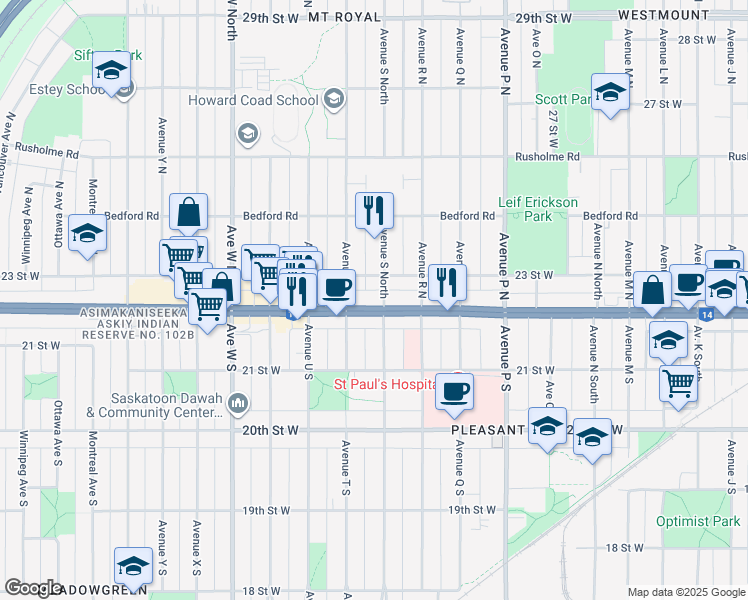 map of restaurants, bars, coffee shops, grocery stores, and more near 1906 22 Street West in Saskatoon