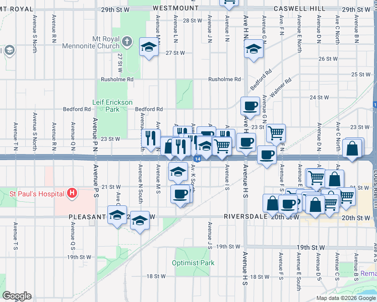 map of restaurants, bars, coffee shops, grocery stores, and more near 1104 Saskatchewan 14 in Saskatoon