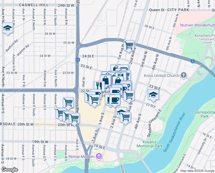 map of restaurants, bars, coffee shops, grocery stores, and more near in Saskatoon