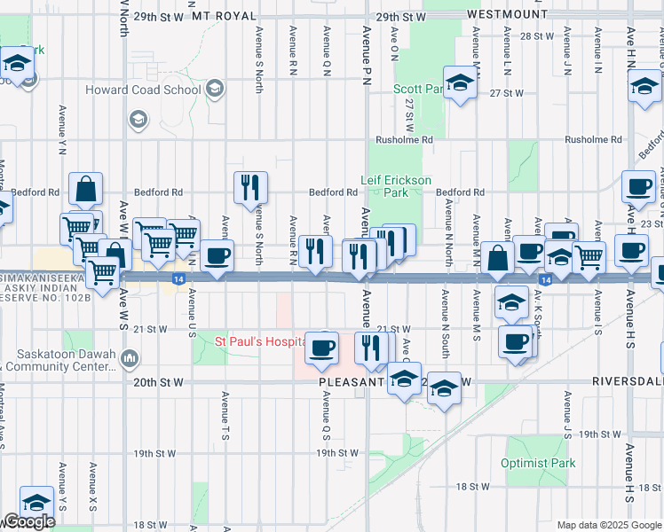map of restaurants, bars, coffee shops, grocery stores, and more near 1628 22 Street West in Saskatoon