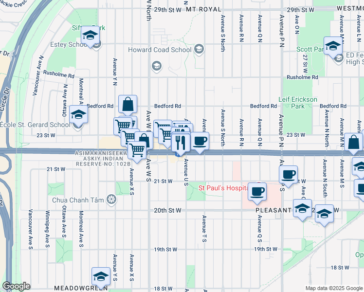 map of restaurants, bars, coffee shops, grocery stores, and more near 2102 22 Street West in Saskatoon