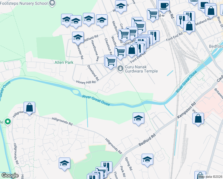 map of restaurants, bars, coffee shops, grocery stores, and more near Woodstock Road in Bedford