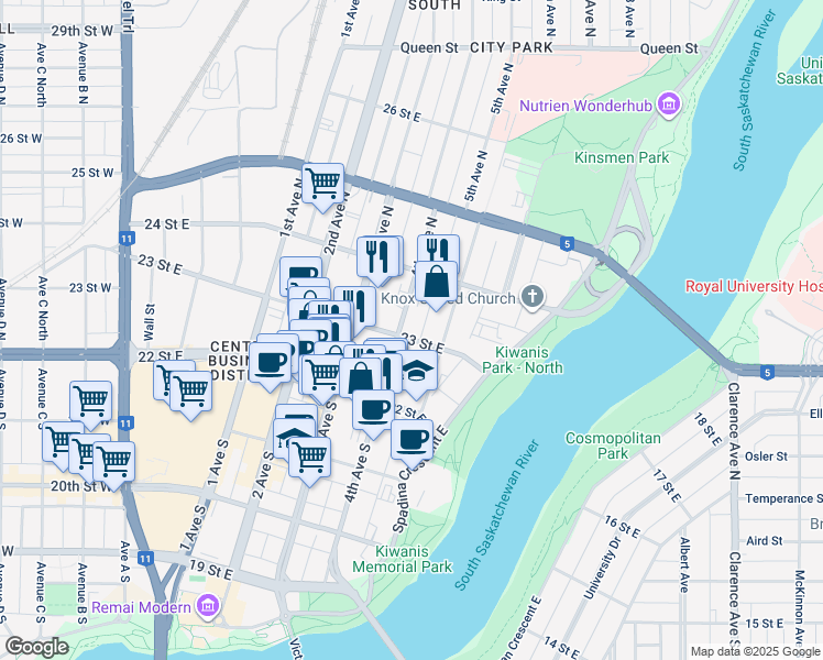 map of restaurants, bars, coffee shops, grocery stores, and more near 202 4th Avenue North in Saskatoon