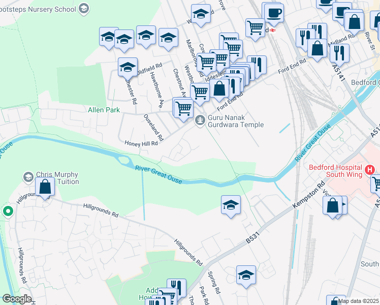 map of restaurants, bars, coffee shops, grocery stores, and more near Woodstock Road in Bedford