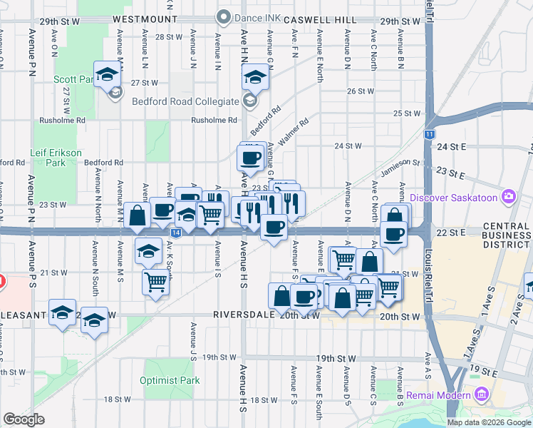 map of restaurants, bars, coffee shops, grocery stores, and more near 115 Avenue G North in Saskatoon