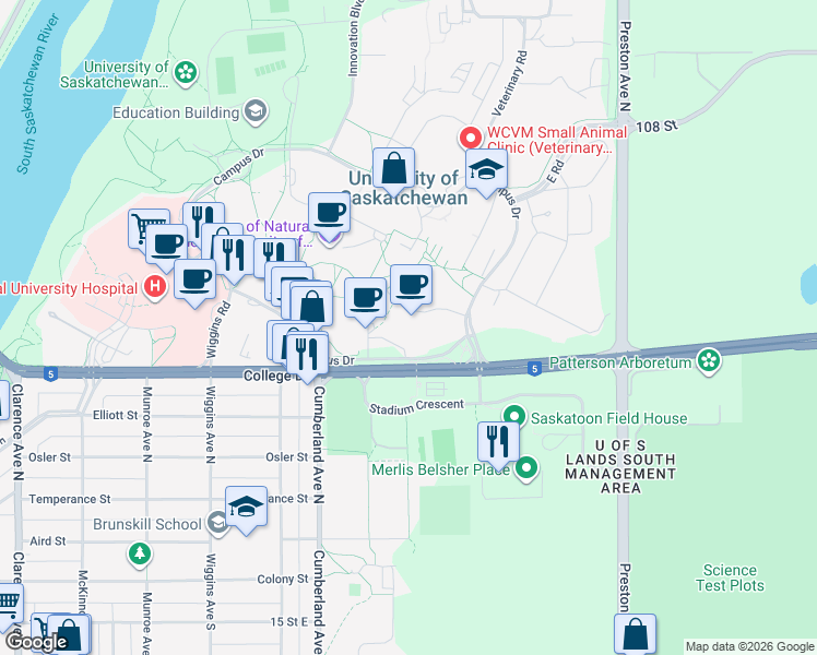 map of restaurants, bars, coffee shops, grocery stores, and more near 87 Campus Drive in Saskatoon
