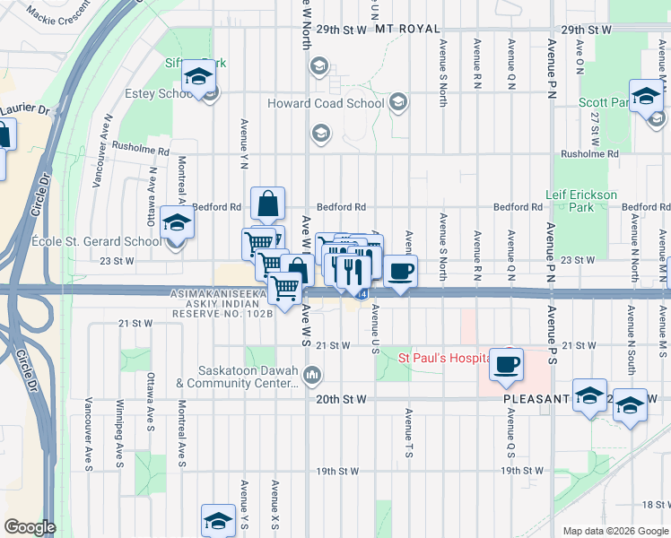 map of restaurants, bars, coffee shops, grocery stores, and more near 115 Avenue V North in Saskatoon