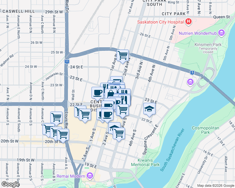 map of restaurants, bars, coffee shops, grocery stores, and more near 129 2nd Avenue North in Saskatoon