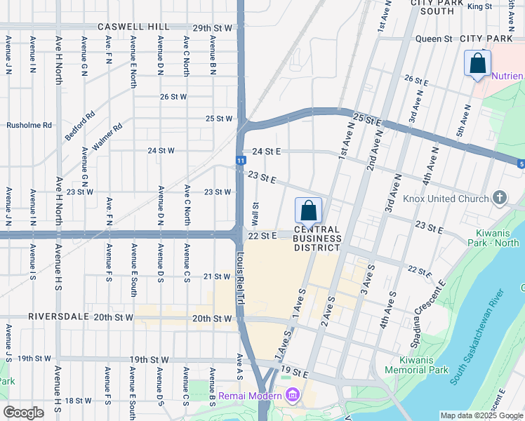 map of restaurants, bars, coffee shops, grocery stores, and more near 10 22 Street East in Saskatoon
