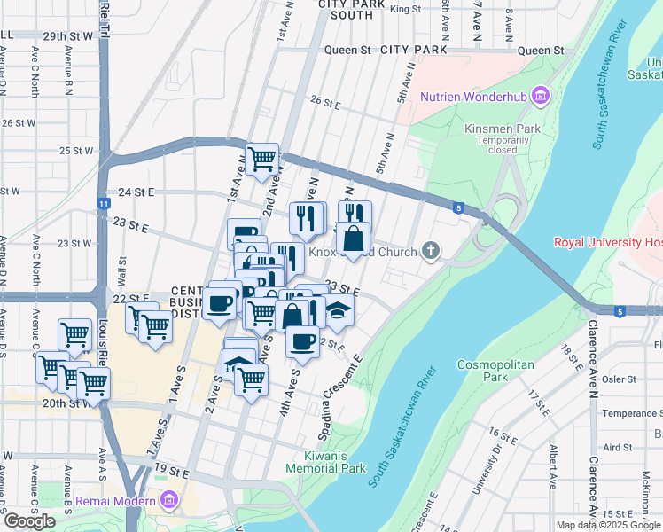map of restaurants, bars, coffee shops, grocery stores, and more near 4 4th Avenue North in Saskatoon
