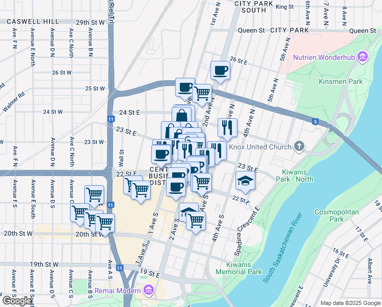 map of restaurants, bars, coffee shops, grocery stores, and more near 157 2nd Avenue North in Saskatoon