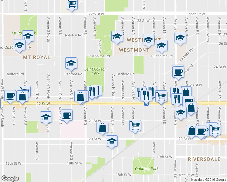 map of restaurants, bars, coffee shops, grocery stores, and more near 203 Avenue N North in Saskatoon
