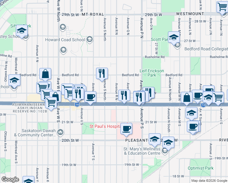 map of restaurants, bars, coffee shops, grocery stores, and more near in Saskatoon