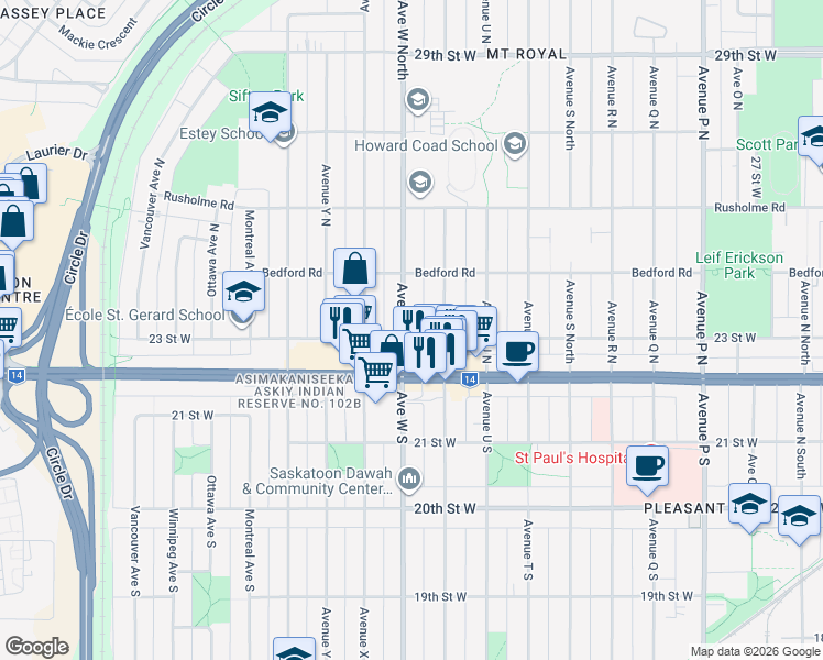 map of restaurants, bars, coffee shops, grocery stores, and more near 202 Avenue W North in Saskatoon
