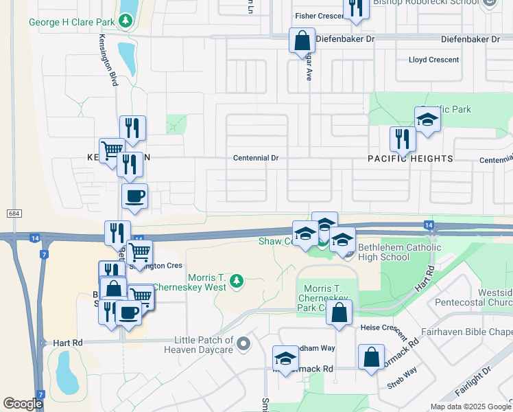 map of restaurants, bars, coffee shops, grocery stores, and more near 213 Michener Crescent in Saskatoon