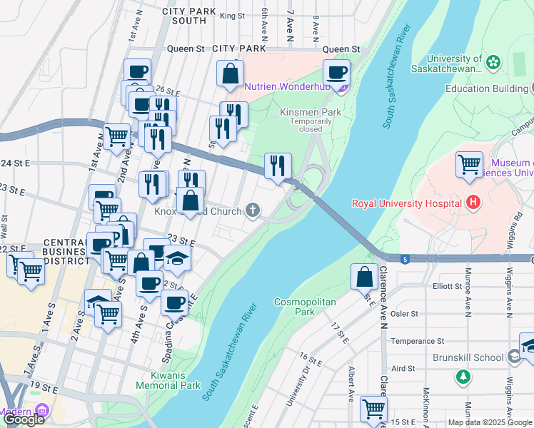 map of restaurants, bars, coffee shops, grocery stores, and more near 916 Spadina Crescent East in Saskatoon
