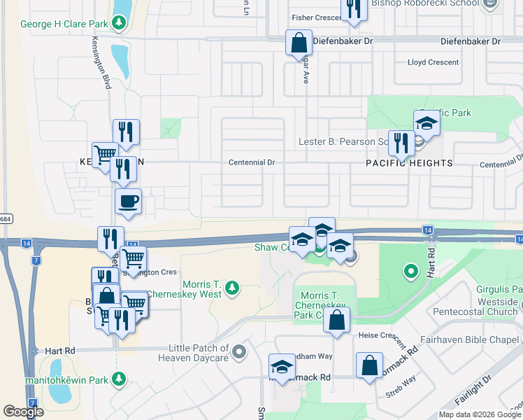 map of restaurants, bars, coffee shops, grocery stores, and more near 210 Michener Crescent in Saskatoon