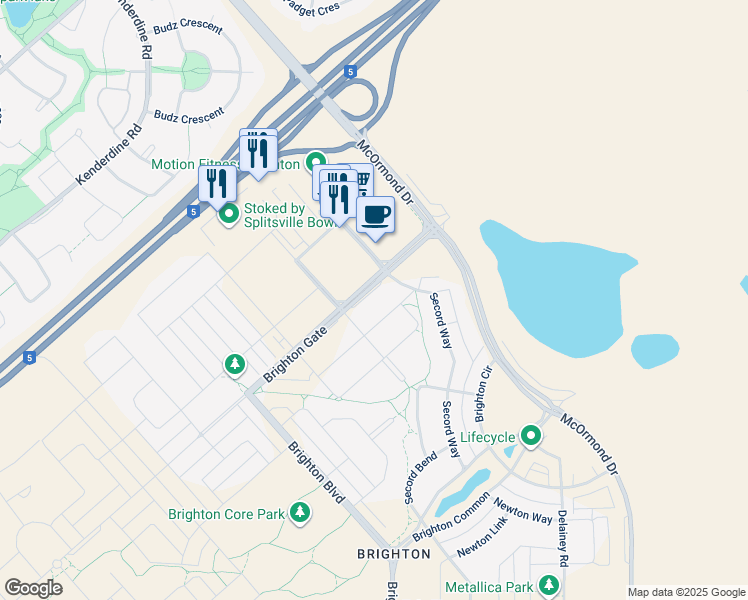 map of restaurants, bars, coffee shops, grocery stores, and more near 212 Brighton Gate in Saskatoon