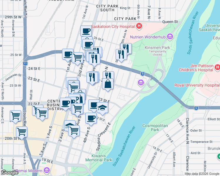 map of restaurants, bars, coffee shops, grocery stores, and more near 241 5th Avenue North in Saskatoon