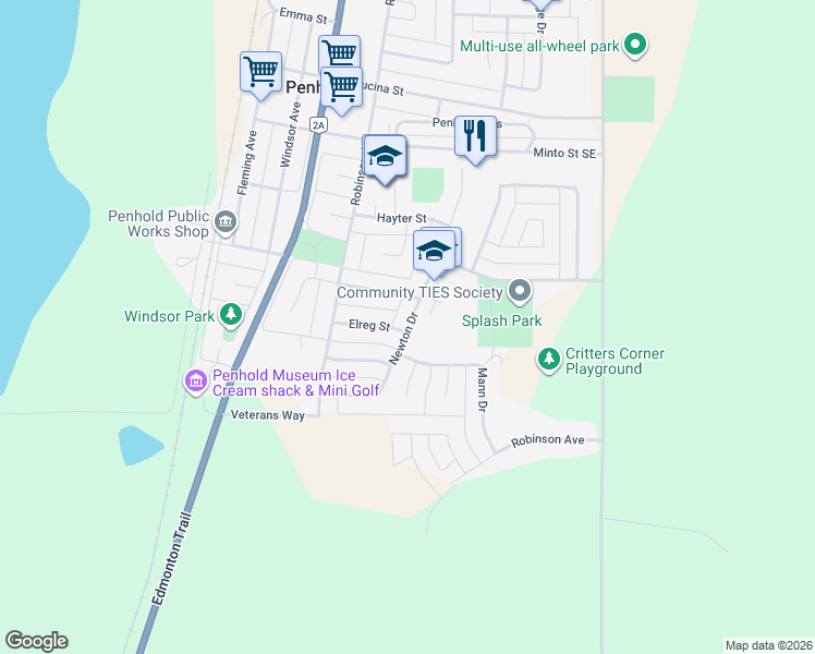 map of restaurants, bars, coffee shops, grocery stores, and more near 122 Newton Drive in Penhold
